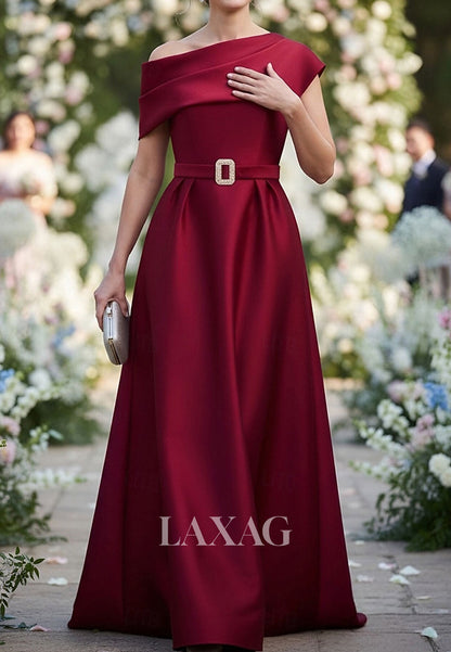 Asymmetrical-Neck Sleeveless Floor-Length Satin A-Line Formal Evening Dress