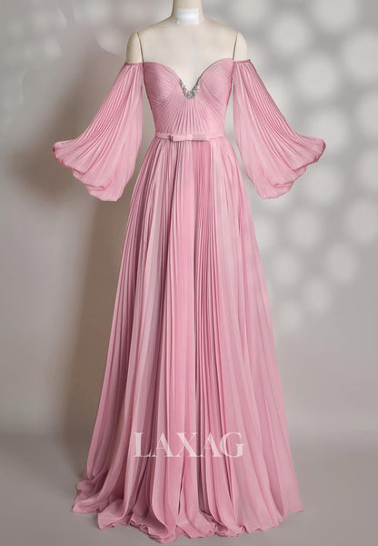 Sweetheart V-Neck Off-Shoulder Long-Sleeves Beaded Pleated Chiffon Evening Dress