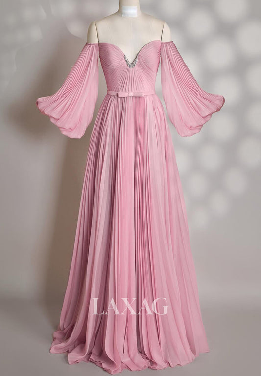 Sweetheart V-Neck Off-Shoulder Long-Sleeves Beaded Pleated Chiffon Evening Dress