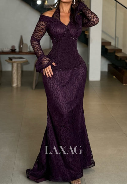 Halter-Sweetheart Long-Sleeves Formal Gowns Beaded Allover Lace Pleated Mermaid Evening Dress