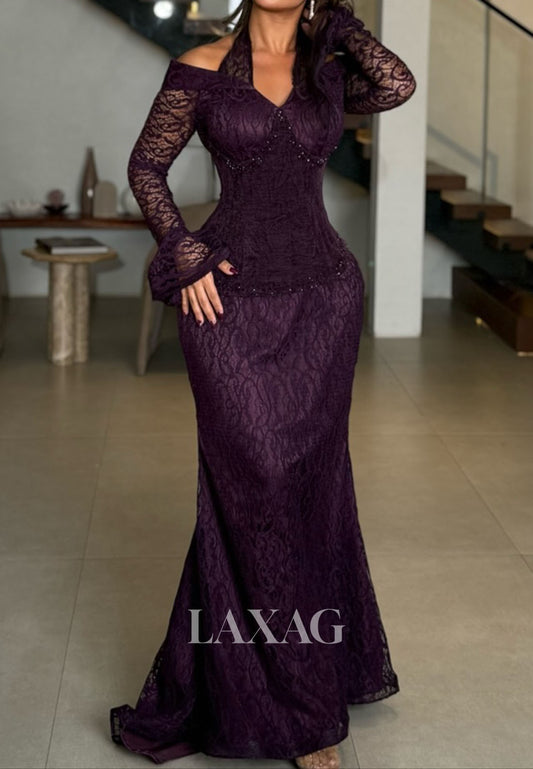 Halter-Sweetheart Long-Sleeves Formal Gowns Beaded Allover Lace Pleated Mermaid Evening Dress