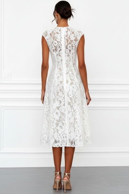 V-Neck Cap-Sleeves Tea-Length Lace Sheer Mermaid Mother of the Bride Dress