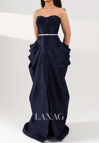 Sweetheart Off-Shoulder Sleeveless Satin Pleated Sweep Train Mermaid Evening Dress with Slit