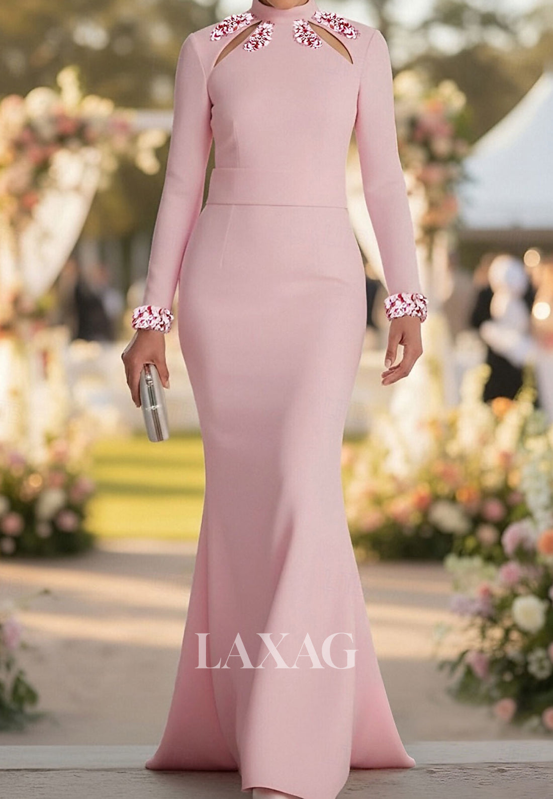 High-Neck Long-Sleeves Sequined Satin Cutout Floor-Length Mermaid Evening Dress