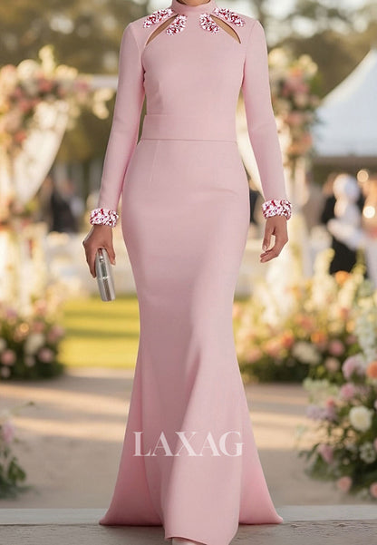 High-Neck Long-Sleeves Sequined Satin Cutout Floor-Length Mermaid Evening Dress