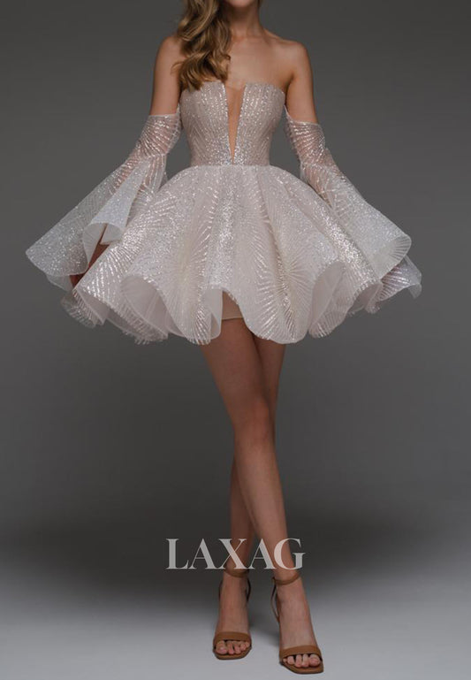 Plunging V-Neck Long-Sleeves Fully Sequined Pleated Sheer Tulle A-Line Homecoming Dress