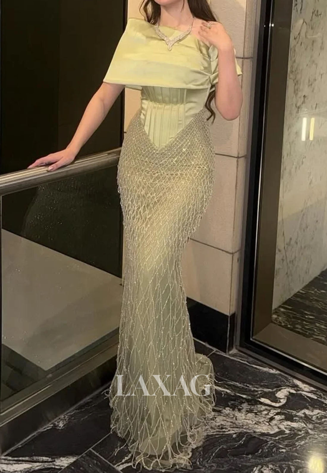 Asymmetrical-Neck Pleated Satin Formal Gowns Short-Sleeves Sequined Mermaid Evening Dress