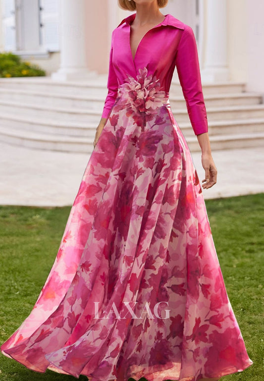 Collared V-Neck 3/4-Sleeves Satin Print-Tulle Pleated Floor-Length A-Line Evening Dress