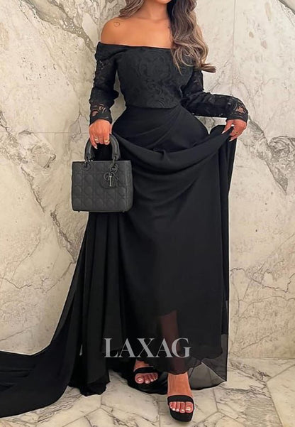 Bateau-Neck Long-Sleeves Pleated Tulle Formal Gowns Lace Applique Pleated A-Line Evening Dress