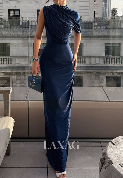 High-Neck Sleeveless Floor-Length Formal Gowns  Simple Pleated Satin Mermaid Evening Dress