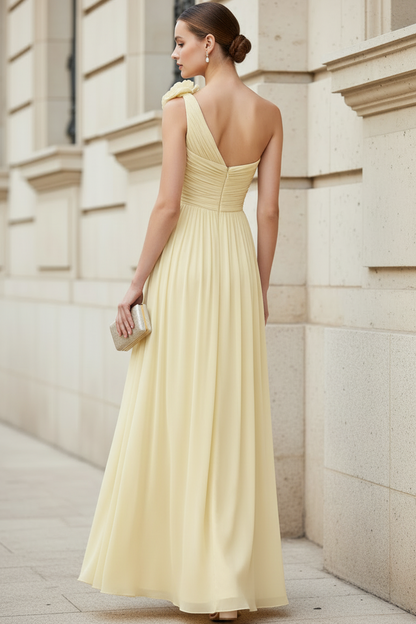 Asymmetrical-Neck Floor-Length 3D-Floral Chiffon Pleated A-Line Wedding Guest Dress