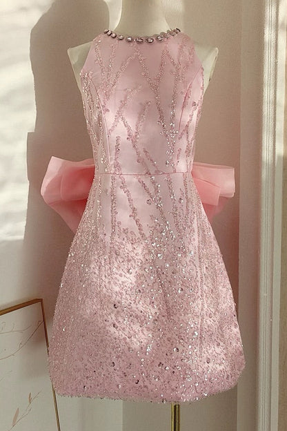 Sequined High Neck Mini Dress with Back Bow