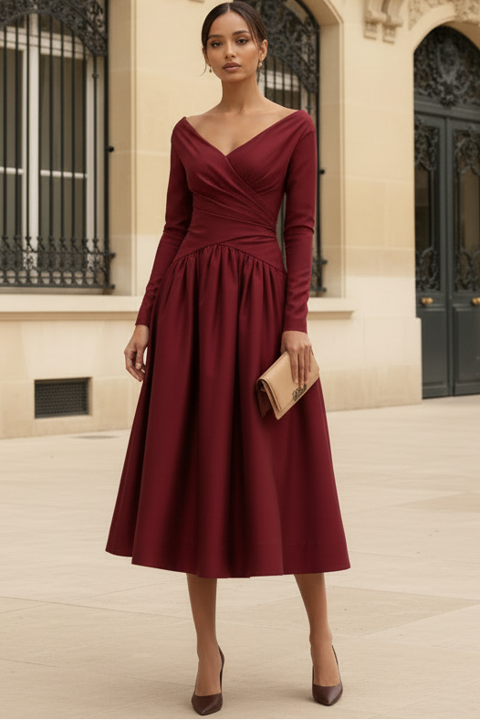 Simple V-Neck Long-Sleeves Satin Pleated Tea-Length A-Line Mother of the Bride Dress