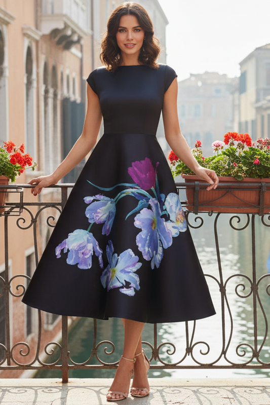 Bateau-Neck Cap-Sleeves Print-Satin Pleated Tea-Length A-Line Cocktail Dress