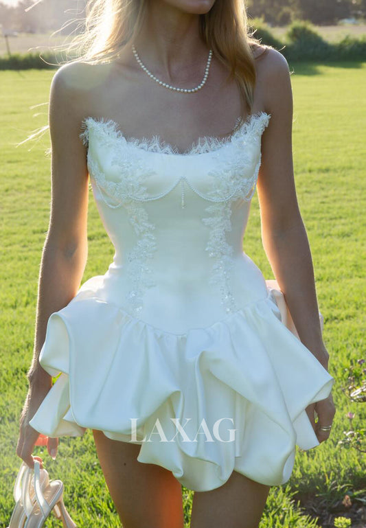 Scoop-Neck Sleeveless Sequined Beaded Lace&Satin Pleated Short A-Line Wedding Dress