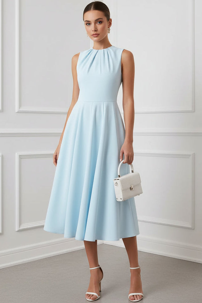 Scoop-Neck Sleeveless Satin Pleated Tea-Length Simple A-Line Mother of the Bride Dress