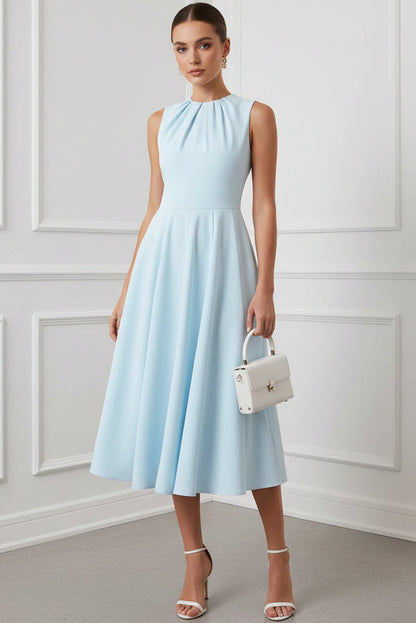 Scoop-Neck Sleeveless Satin Pleated Tea-Length Simple A-Line Mother of the Bride Dress