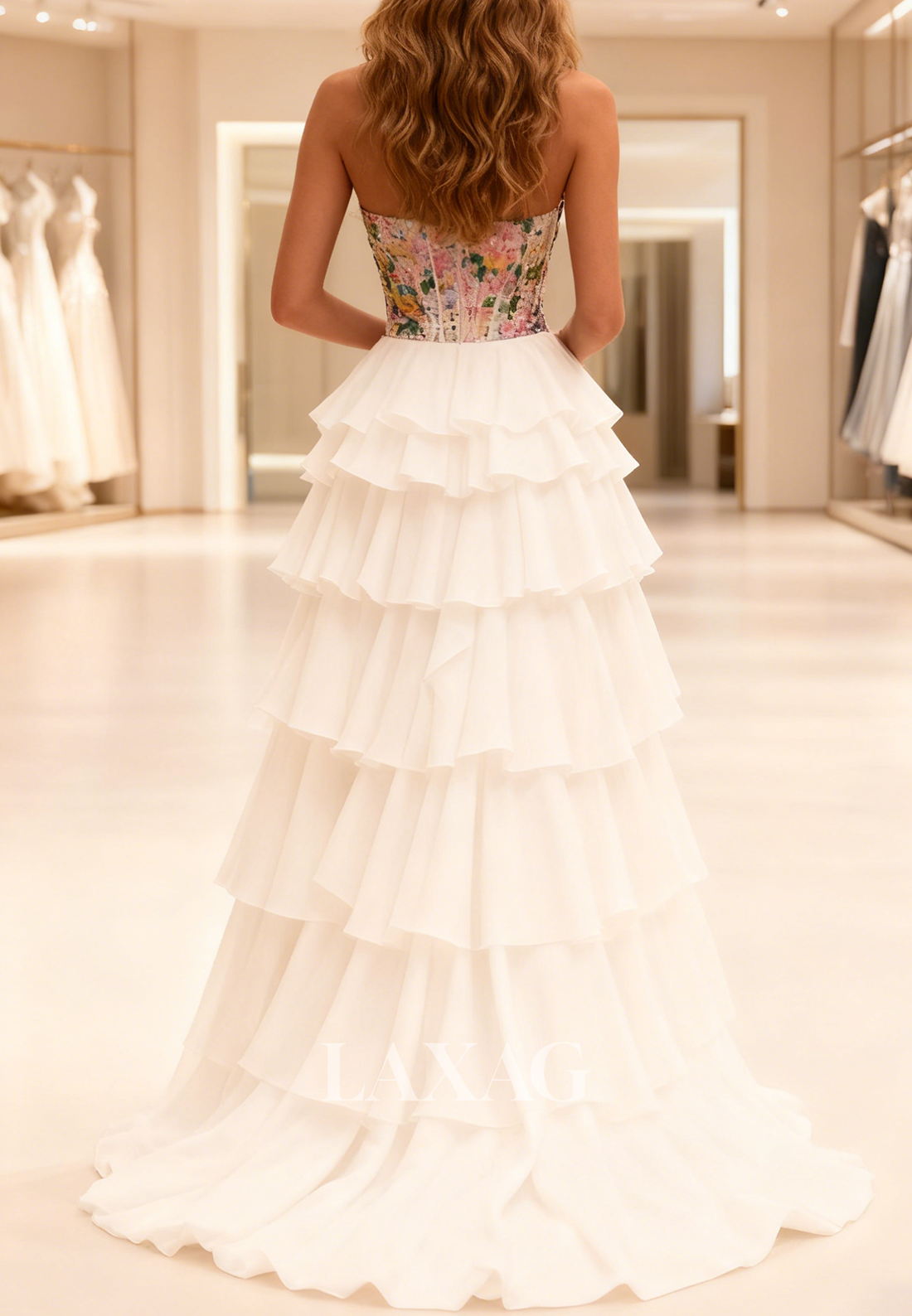 Tube Top Chiffon Pleated Tiered A-Line Prom Dress Off-Shoulder Multi-Color Sequined Party Gowns