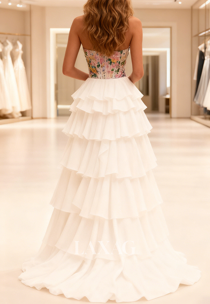 Tube Top Chiffon Pleated Tiered A-Line Prom Dress Off-Shoulder Multi-Color Sequined Party Gowns