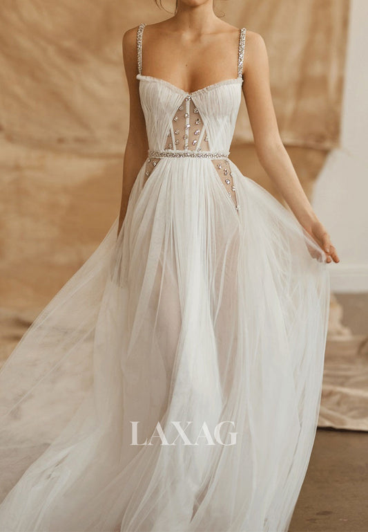 Tube Top Spaghetti Straps Rhinestone Tulle Pleated Sweep Train A-Line Wedding Dress