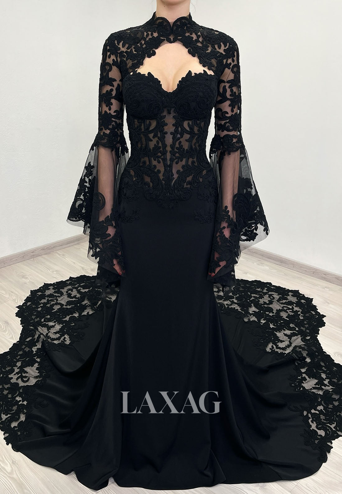 Sweetheart Long-Bell-Sleeves Sheer Pleated Satin&Lace Mermaid Wedding Dress with Train