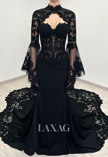 Sweetheart Long-Bell-Sleeves Sheer Pleated Satin&Lace Mermaid Wedding Dress with Train