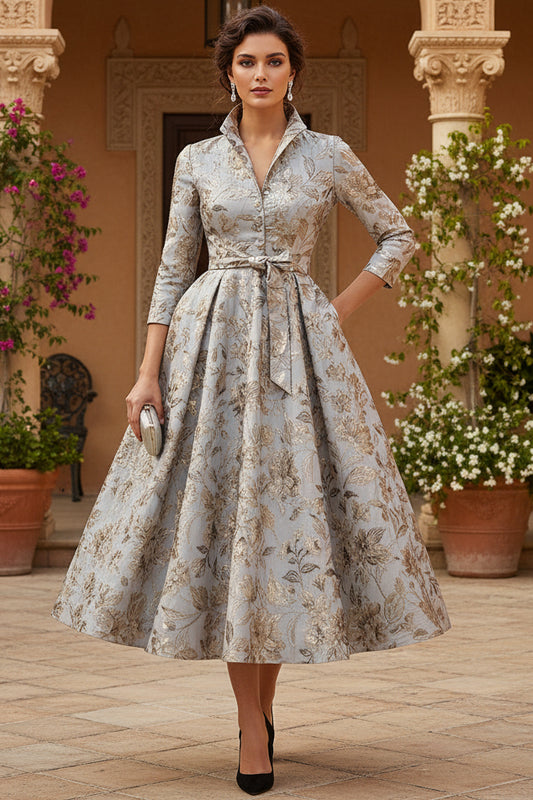 V-Neck Collared 3/4-Sleeves Jacquard Satin Tea-Length A-Line Mother of the Bride Dress