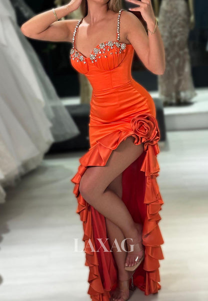 Sweetheart Spaghetti Straps High Slit Party Gowns Rhinestone Satin Pleated Mermaid Prom Dress