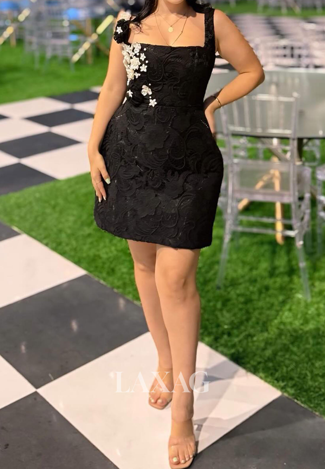 Square-Neck Straps Sleeveless Floral Embellished Applique A-Line Party Homecoming Dress