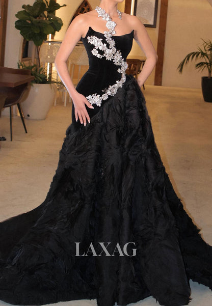 Scoop-Neck Sleeveless Beaded Floral Embellished Pleated Chiffon A-Line Prom Dress with Train