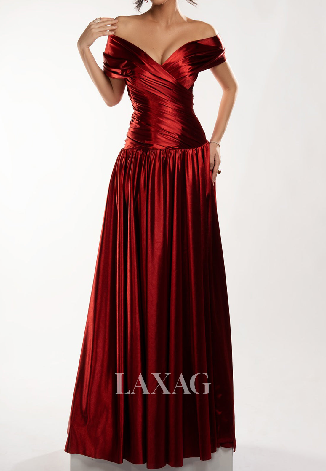 V-Neck Off-Shoulder Sleeveless Metallic-Satin Pleated Floor-Length A-Line Formal Prom Dress