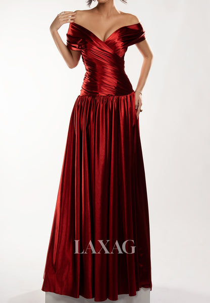 V-Neck Off-Shoulder Sleeveless Metallic-Satin Pleated Floor-Length A-Line Formal Prom Dress