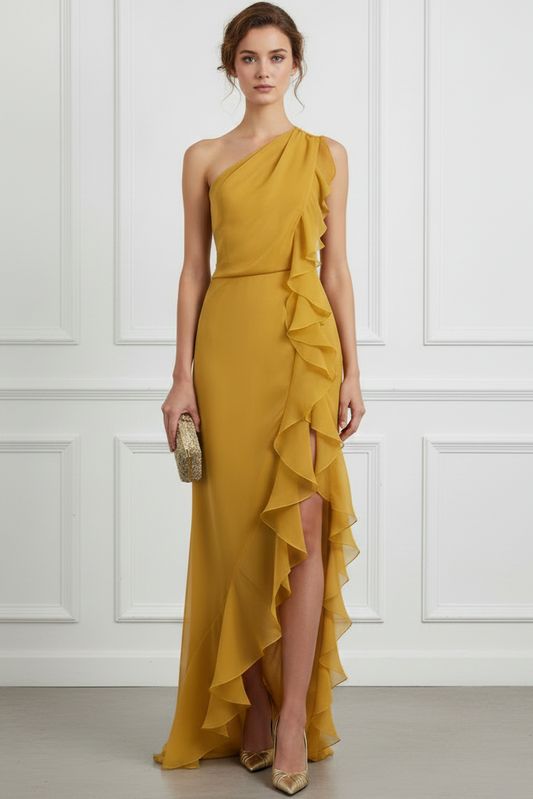 Asymmetrical-Neck Ruffled Chiffon Pleated Floor-Length Mermaid Wedding Guest Dress