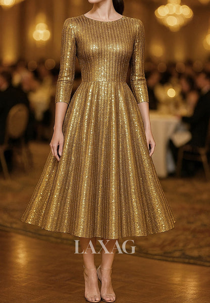 Scoop-Neck 3/4-Sleeves Fully Sequined Pleated Tea-Length A-Line Evening Dress