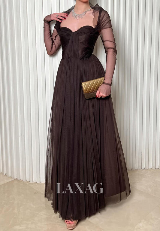 Sweetheart Long-Sleeves Floor-Length Tulle Pleated Sheer Simple A-Line Evening Dress