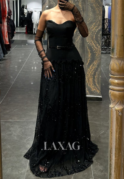 Sweetheart Off-Shoulder Sequined Pleated Satin&Tulle  A-Line Prom Dress with Long Gloves