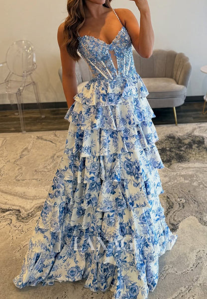 V-Neck Spaghetti Straps Tiered A-Line Prom Dress Sequined Applique Print-Chiffon Party Gowns