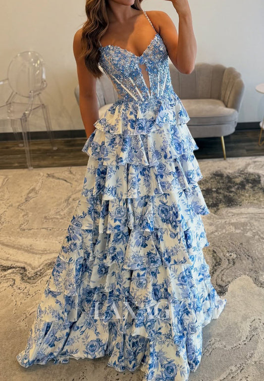 V-Neck Spaghetti Straps Tiered A-Line Prom Dress Sequined Applique Print-Chiffon Party Gowns