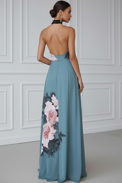 Halter-Neck Floor-Length Print-Satin Pleated A-Line Wedding Guest Dress with High Slit