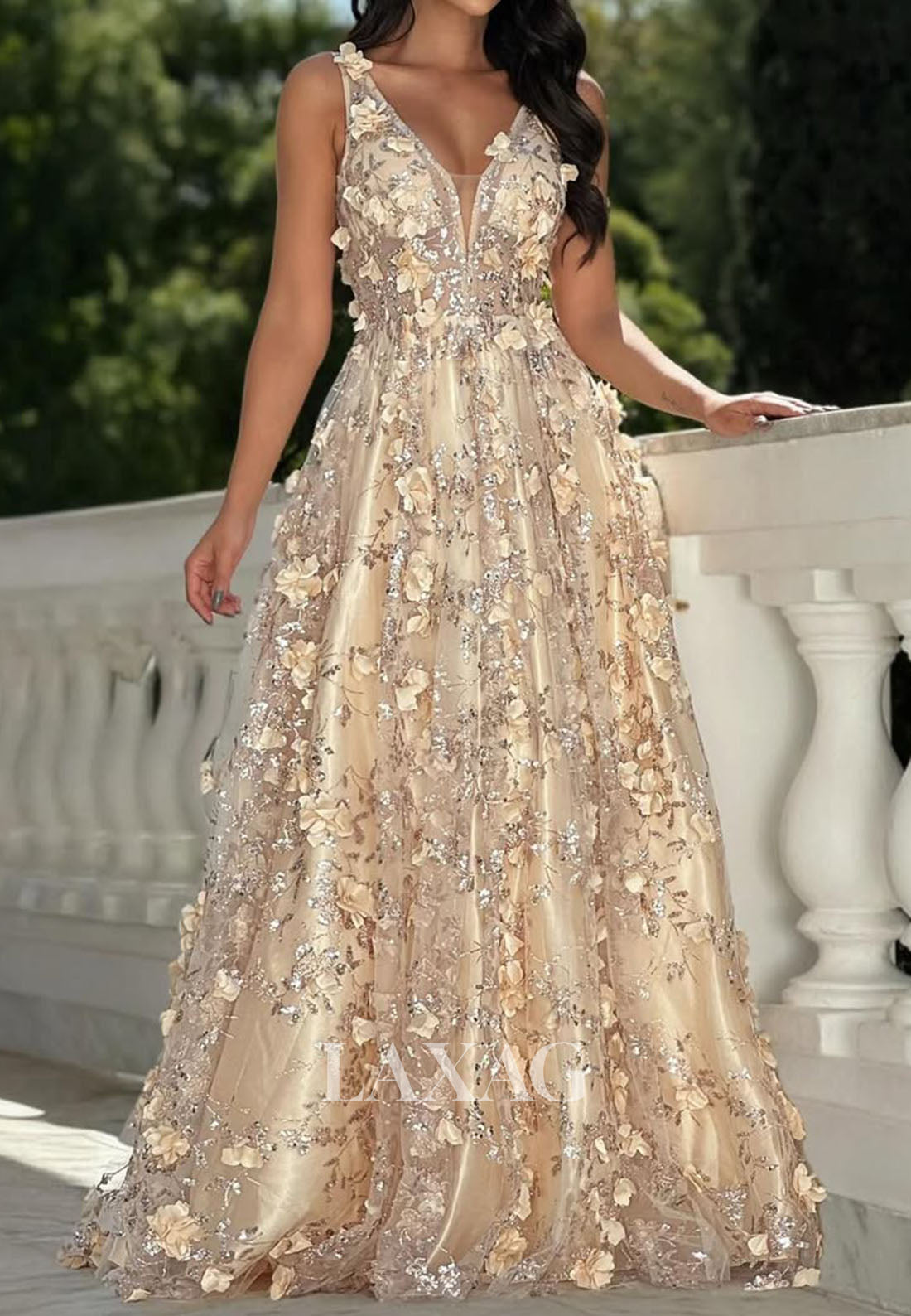 Deep V-Neck Sleeveless Floral Embellished Sequined Beaded Pleated Satin A-Line Prom Dress