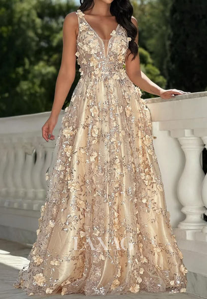 Deep V-Neck Sleeveless Floral Embellished Sequined Beaded Pleated Satin A-Line Prom Dress