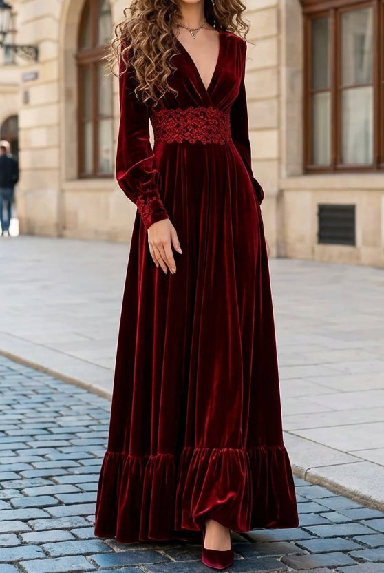 Deep V-Neck Velvet Maxi Dress with Embroidered Waist