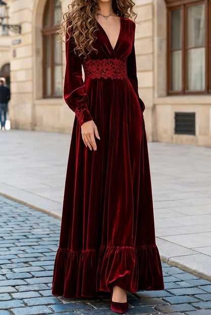 Deep V-Neck Velvet Maxi Dress with Embroidered Waist