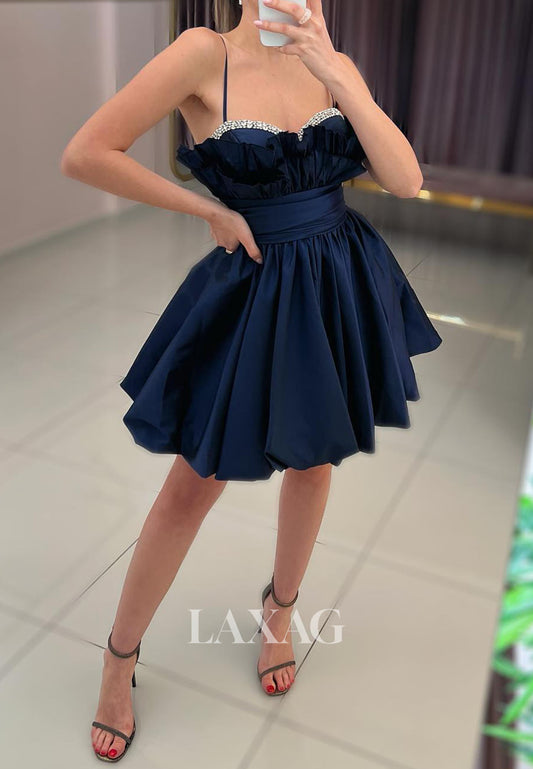 Spaghetti Straps Sweetheart Sleeveless Beaded Pleated Satin A-Line Party Homecoming Dress