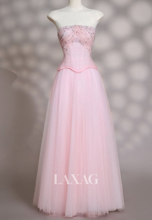 Tube Top Off-Shoulder Sleeveless Beaded Tulle Pleated Floor-Length A-Line Prom Dress