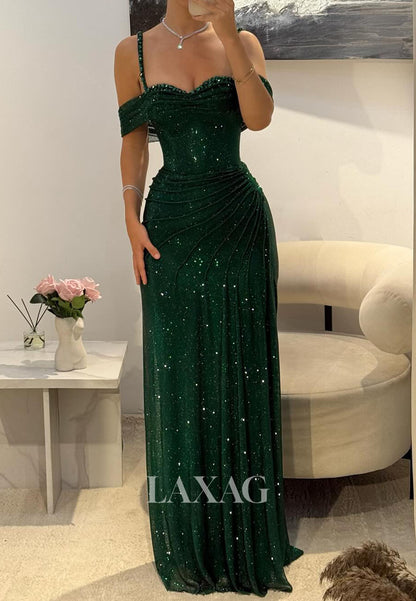 Sweetheart Spaghetti Straps Pleated Tulle Party Gowns Rhinestone Sequined Mermaid Prom Dress