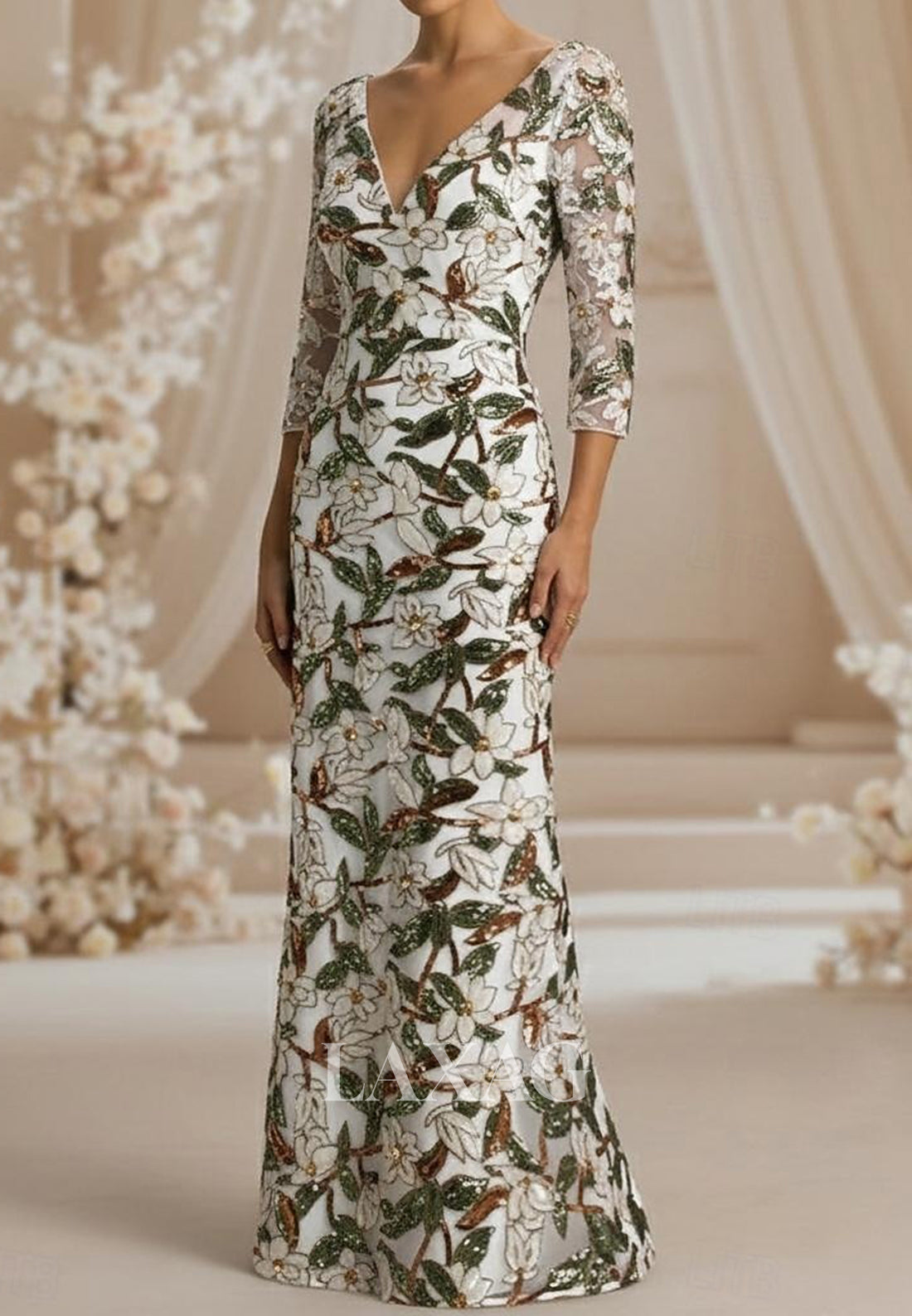 V-Neck 3/4-Sleeves Fully Sequined Tulle&Satin Floor-Length Mermaid Mother of the Bride Dress