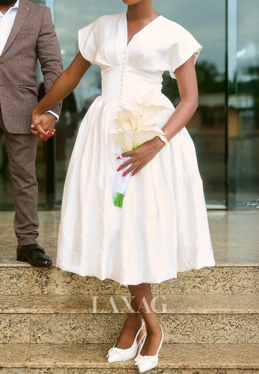 V-Neck Cap-Sleeves Satin Pleated Tea-Length Simple Beach A-Line Wedding Dress