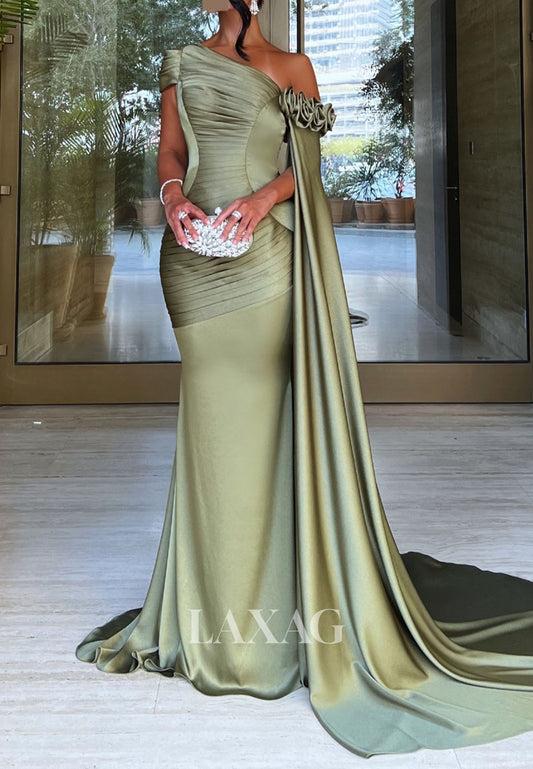 Asymmetrical-Neck Off-Shoulder Mermaid Evening Dress Pleated Satin Sweep Train Formal Gowns