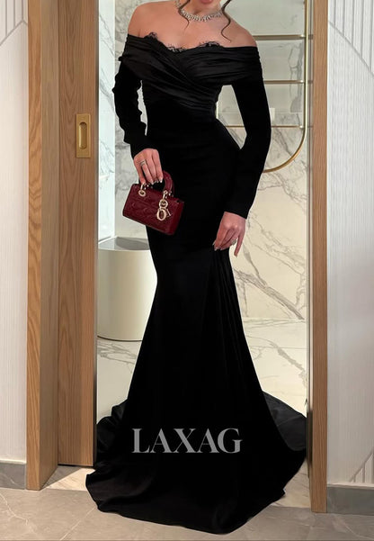 Sweetheart Long-Sleeves Pleated Satin Formal Gowns Off-Shoulder Sweep Train Mermaid Evening Dress